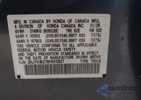 2006 Honda Ridgeline Rt из США, поврежденный, VIN 2HJYK16276H555927